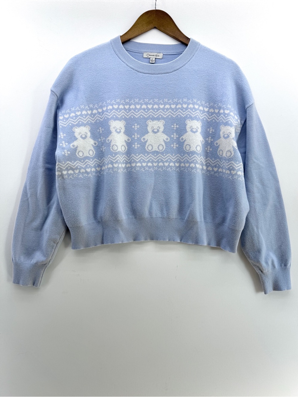 Orange Kiss Fair Isle Teddy Bear Cropped Crewneck Sweater Large Blue Intarsia